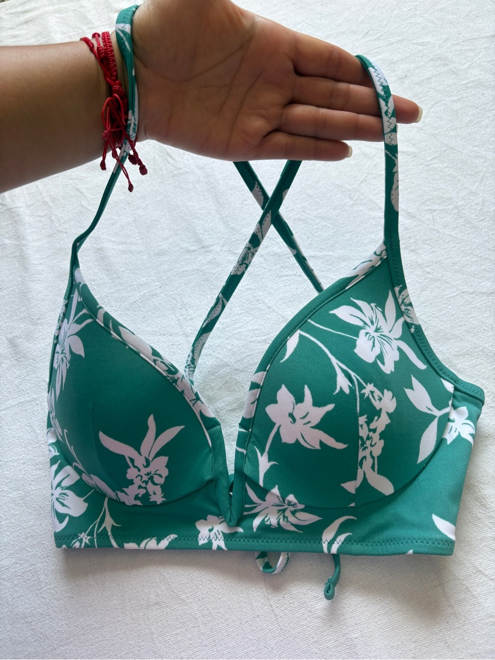 Shade & Shore Teal Green Floral V-Plunge Bikini Top SZ 32B - Picture 3 of 9